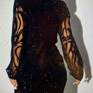 V-Neck Lace Long Sleeve Simple Sequin Embellish Casual Dress,Valentine